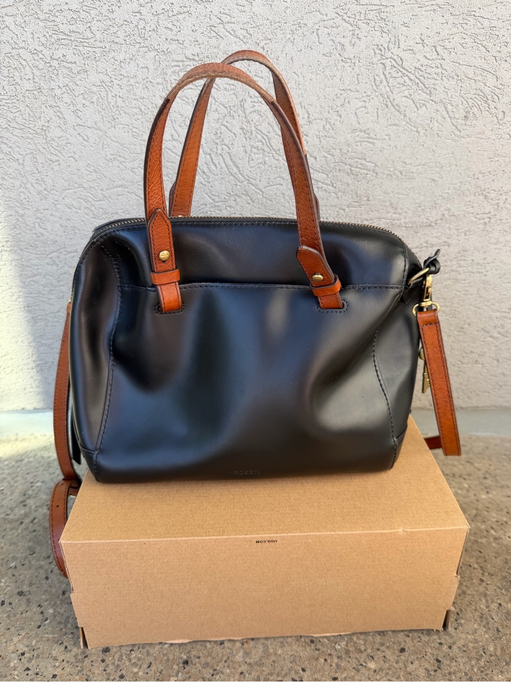 Fossil Rachel Black Leather Satchel Crossbody Bag with Cognac Handles